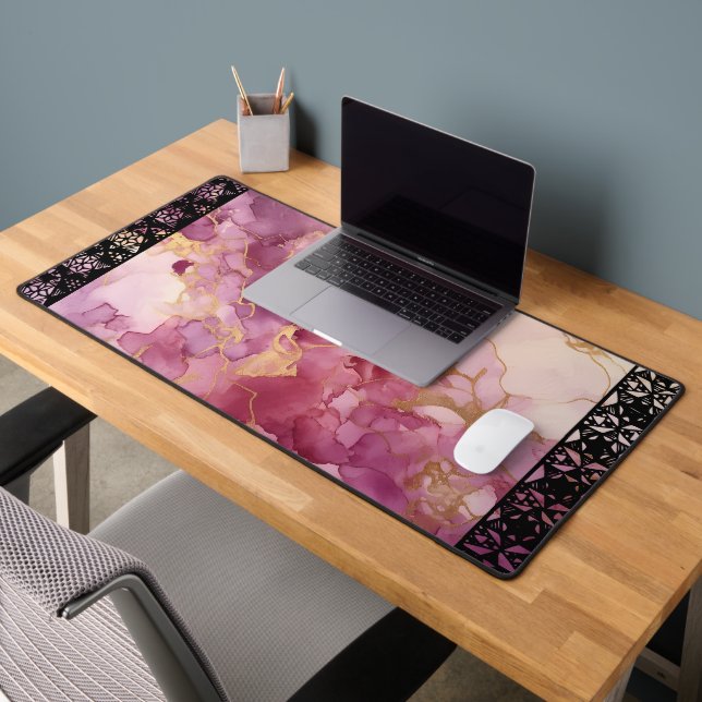 Elegant Faux Marble Black Ornate Trim Desk Mat (Office 2)