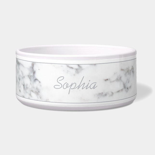 Elegant Faux Marble Texture & Custom Pet Name Bowl (Front)