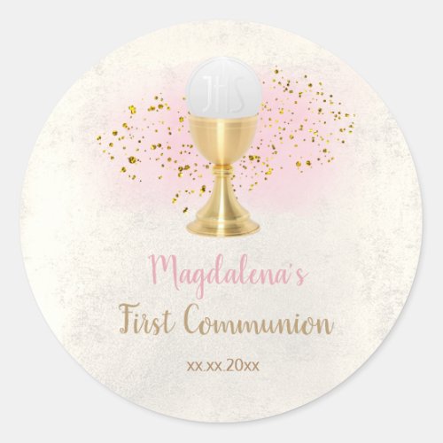 elegant faux metal First Communion girl Classic Round Sticker