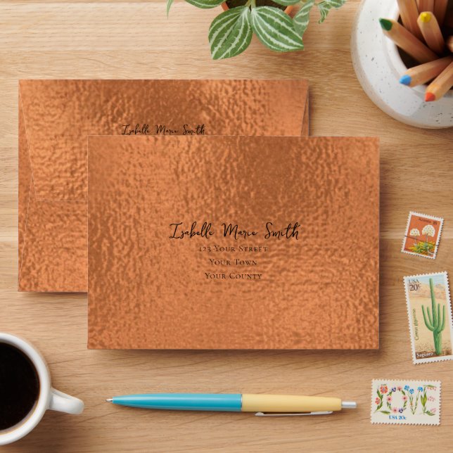 Elegant Faux Metallic Copper Foil Custom Name RSVP Envelope (Desk)