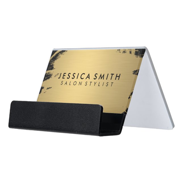 Elegant Faux Metallic Gold and Black Desk Business Card Holder (Angled Front)