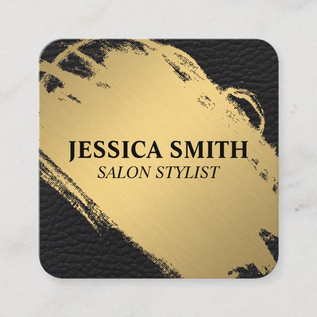 Elegant Faux Metallic Gold and Leather Square Business Card (Front)