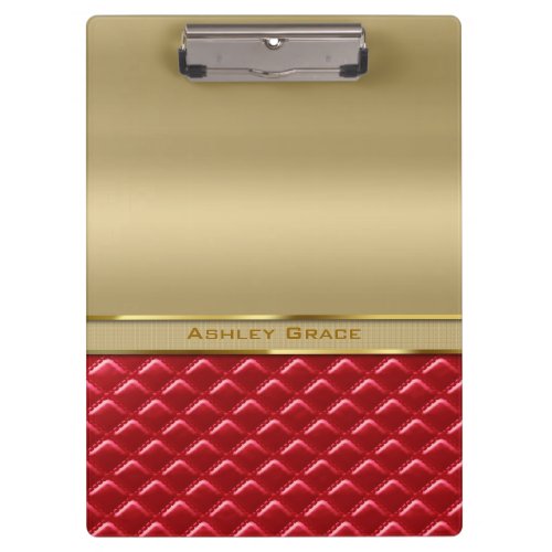 Elegant Faux Metallic Gold Quilted Red Leather Clipboard