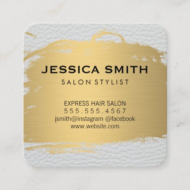 Elegant Faux Metallic Gold White Leather Print Square Business Card (Front)