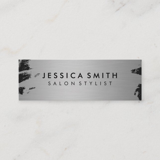 Elegant Faux Metallic Silver and Black Mini Business Card (Front)