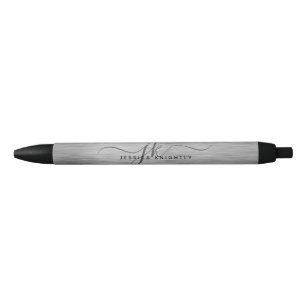 Elegant Faux Metallic Silver Gray Script Monogram  Black Ink Pen