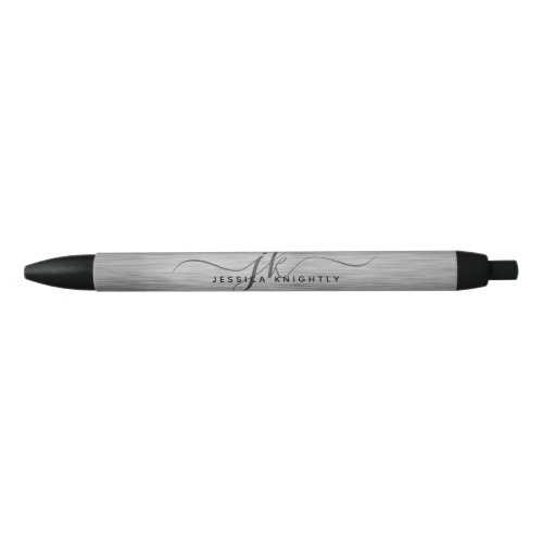 Elegant Faux Metallic Silver Gray Script Monogram  Black Ink Pen
