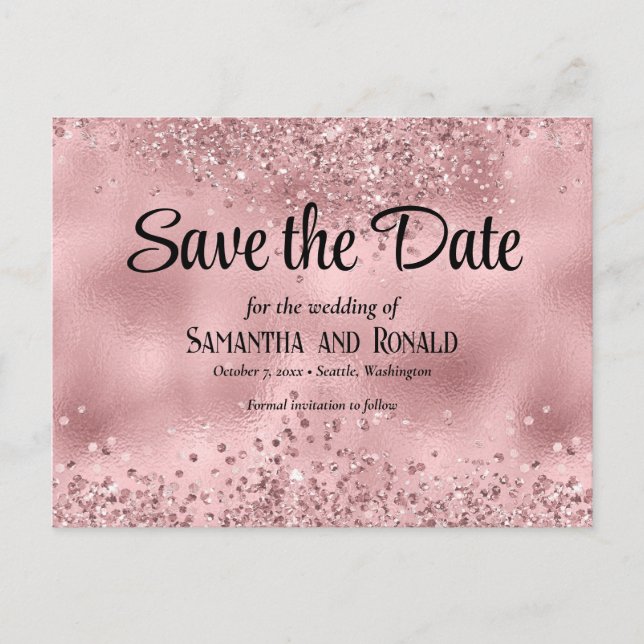Elegant Faux Pink Glitter and Foil Wedding Announcement Postcard (Front)