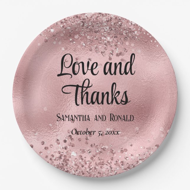 Elegant Faux Pink Glitter and Foil Wedding Paper Plates (Front)