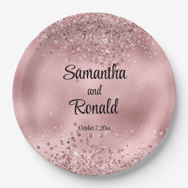 Elegant Faux Pink Glitter and Foil Wedding  Paper Plates (Front)