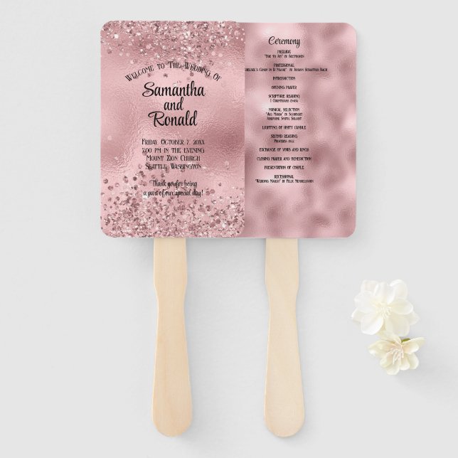 Elegant Faux Pink Glitter and Foil Wedding Program Hand Fan (Front and Back)
