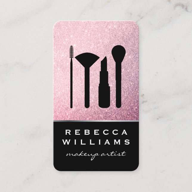 Elegant Faux Pink Glitter Makeup Set Business Card (Front)