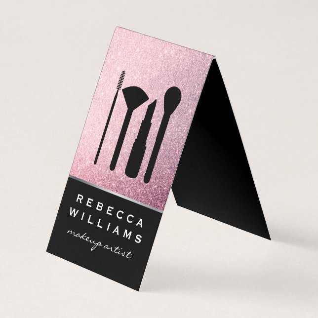 Elegant Faux Pink Glitter Makeup Set Business Card (Front)