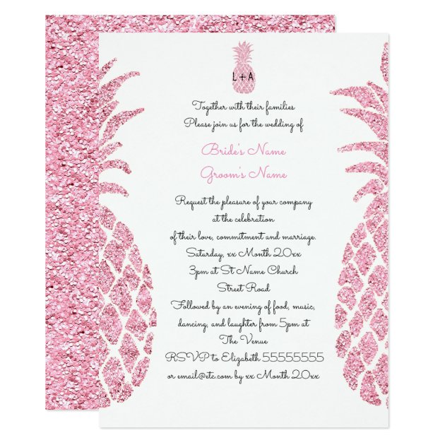 Elegant Faux  Pink Glitter Tropical Summer Wedding Invitation