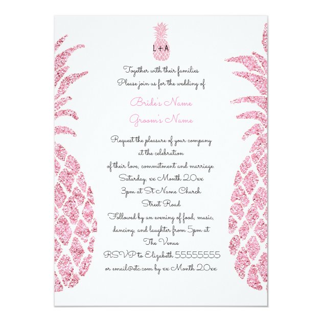 Elegant Faux  Pink Glitter Tropical Summer Wedding Invitation