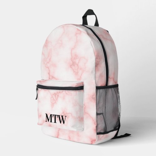 Elegant Faux Pink Marble Black Monogram Template Printed Backpack