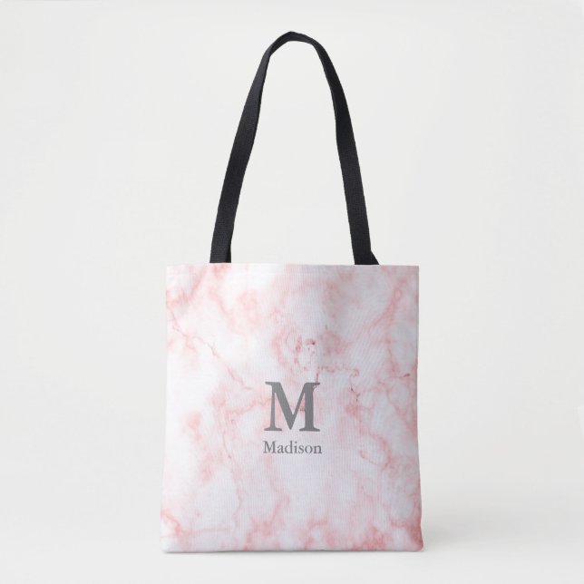 Elegant Faux Pink Marble Gray Initials Monogram Tote Bag (Front)