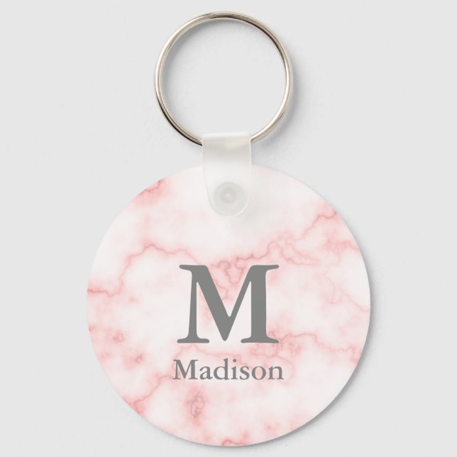 Elegant Faux Pink Marble Gray Monogram and Name Keychain (Front)