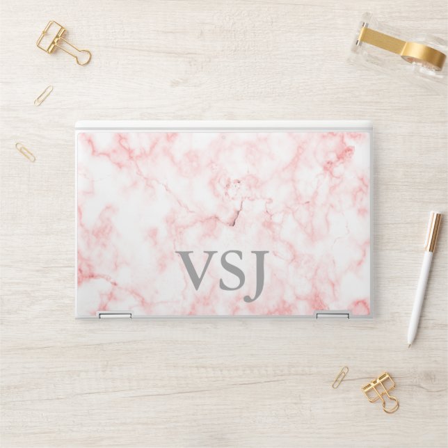 Elegant Faux Pink Marble Gray Monogram  HP Laptop Skin (Desk)