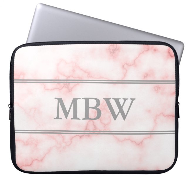 Elegant Faux Pink Marble Gray Monogram Laptop Sleeve (Front)