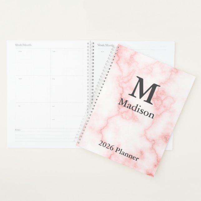 Elegant Faux Pink Marble Gray Monogram Name 2026 Planner (Display)