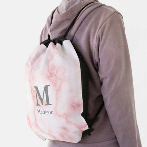 Elegant Faux Pink Marble Gray Monogram Name Drawstring Bag