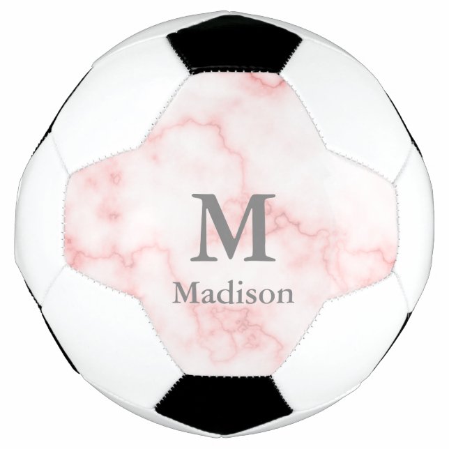 Elegant Faux Pink Marble Gray Monogram & Name Soccer Ball (Front)