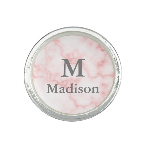 Elegant Faux Pink Marble Gray Name and Monogram Ring