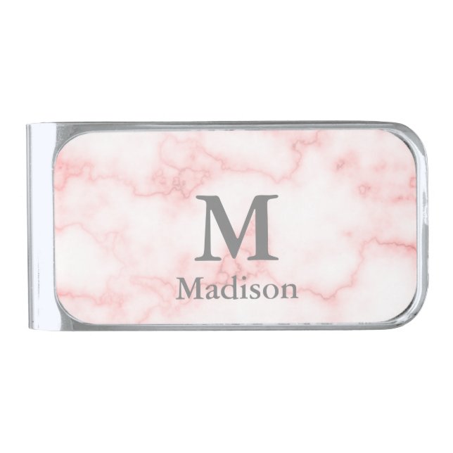 Elegant Faux Pink Marble Gray Name and Monogram Silver Finish Money Clip (Front)