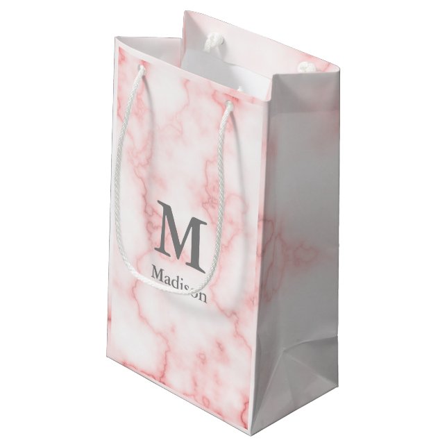 Elegant Faux Pink Marble Gray Name and Monogram Small Gift Bag (Back Angled)
