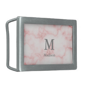 Elegant Faux Pink Marble Gray Name Monogram Belt Buckle