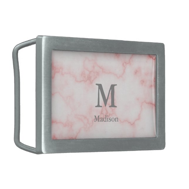 Elegant Faux Pink Marble Gray Name Monogram Belt Buckle (Front Left)