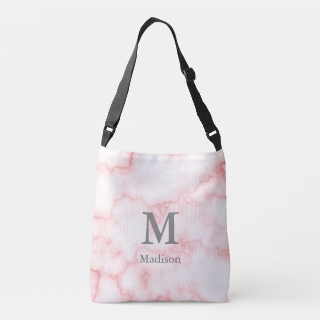 Elegant Faux Pink Marble Gray Name & Monogram Crossbody Bag (Back)