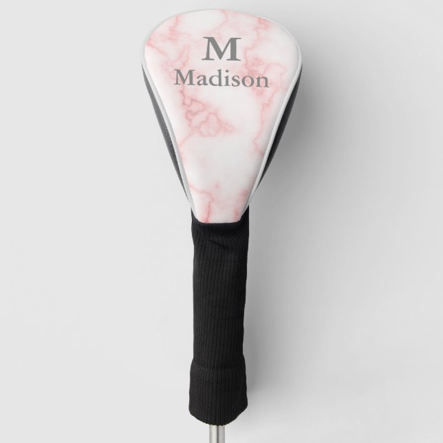 Elegant Faux Pink Marble Gray Name & Monogram Golf Head Cover (Front)