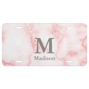 Elegant Faux Pink Marble Gray Text Name Monogram License Plate
