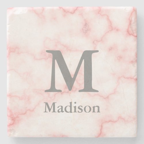 Elegant Faux Pink Marble Monogrammed Stone Coaster