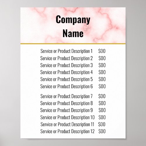Elegant Faux Pink Marble Price List Poster