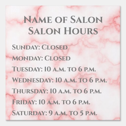 Elegant Faux Pink Marble Salon Business Hours Sign