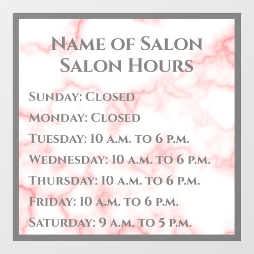 Elegant Faux Pink Marble Salon Business Open Hours Wall Decal