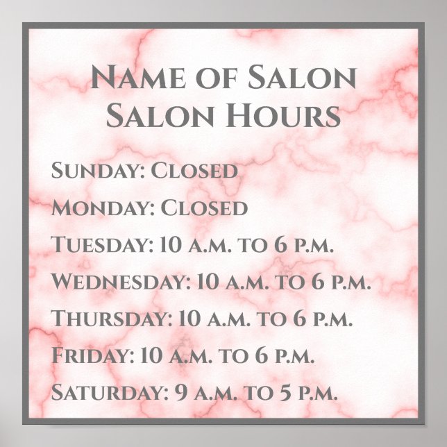 Elegant Faux Pink Marble Salon Hours Poster (Front)