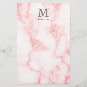 Elegant Faux Pink Marble with Name and Monogram Stationery