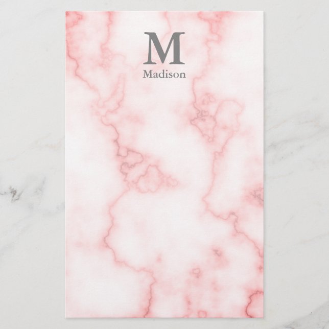 Elegant Faux Pink Marble with Name and Monogram Stationery (Front)