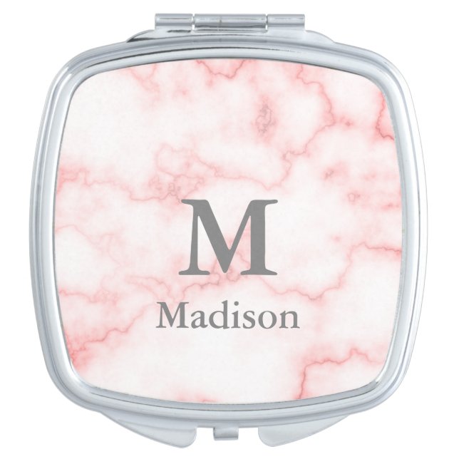 Elegant Faux Pink Marble with Name & Monogram Compact Mirror (Front)