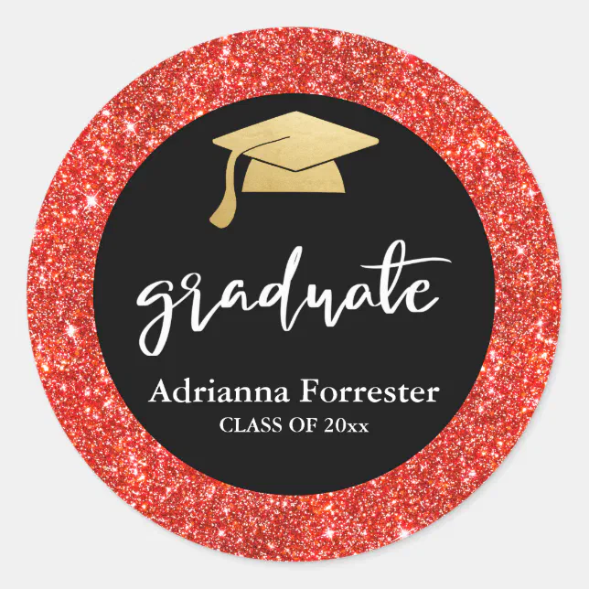 Elegant Faux Red Glitter Graduation Hat Script Classic Round Sticker ...