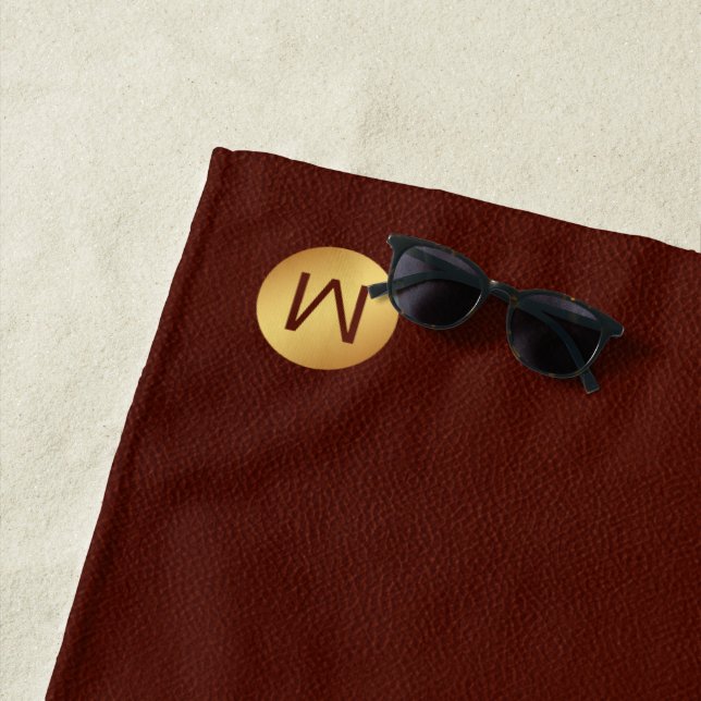 Elegant Faux Red Leather & Gold Monogram Initial  Beach Towel (In Situ)
