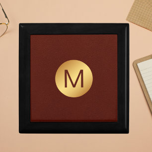 Elegant Faux Red Leather & Gold Monogram Initial  Gift Box