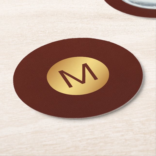Elegant Faux Red Leather & Gold Monogram Initial  Round Paper Coaster (Angled)