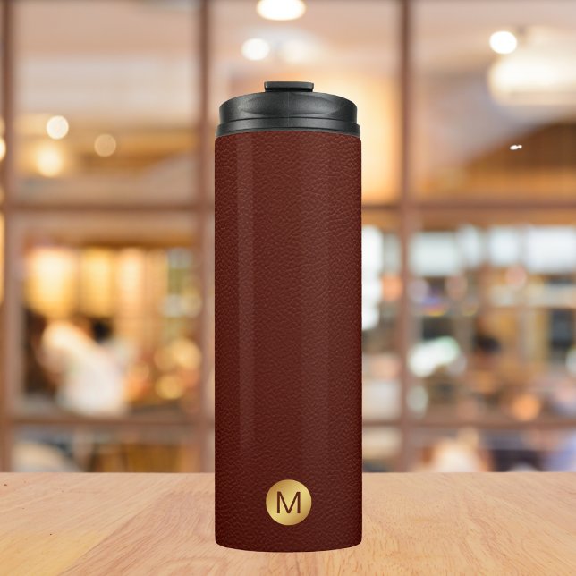Elegant Faux Red Leather & Gold Monogram Initial  Thermal Tumbler (Creator Uploaded)