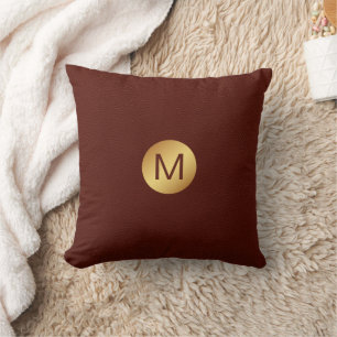 Elegant Faux Red Leather & Gold Monogram Initial Throw Pillow