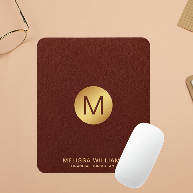 Elegant Faux Red Leather & Gold Monogram Name Mouse Pad (Creator Uploaded)